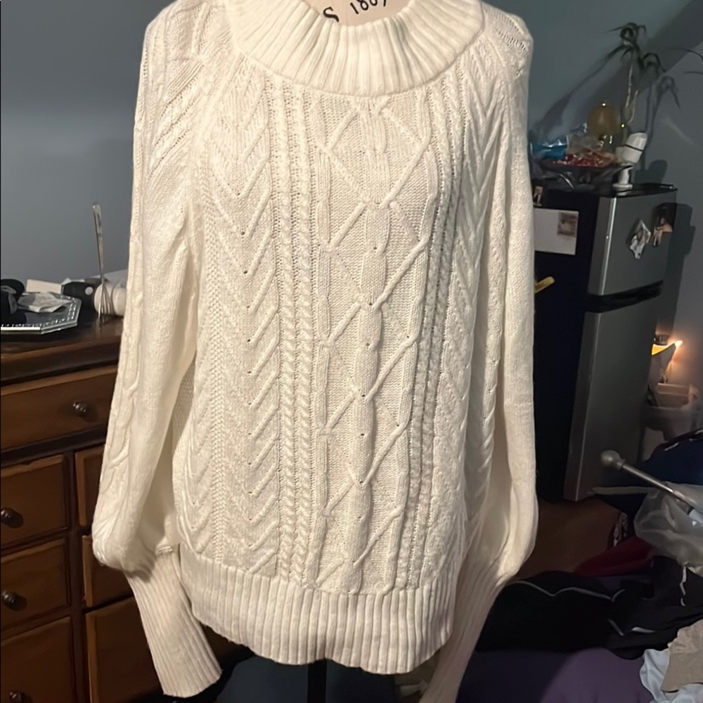 White Cowl Neck Cable Knit Sweater